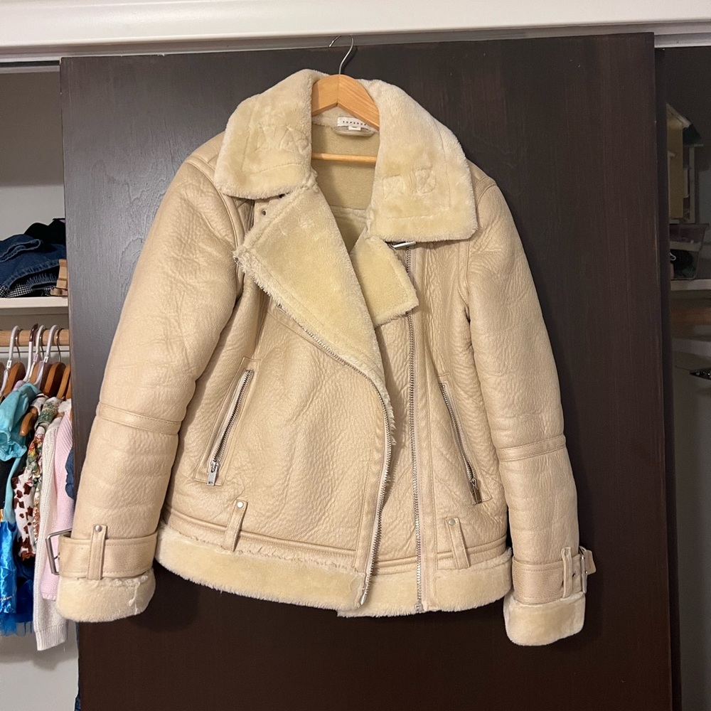 Topshop Women's Cream Shearling Jacket